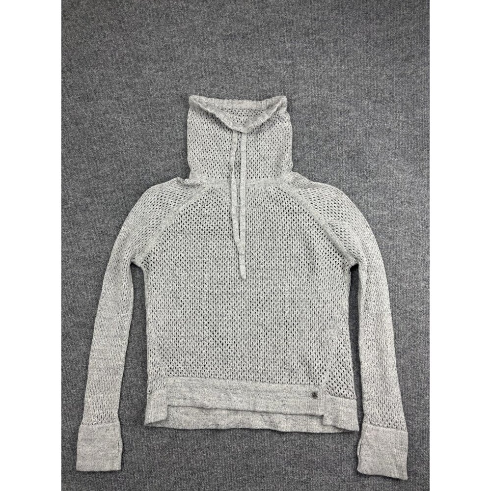 prAna Sweater Womens XL Gray Open Knit Mesh Cowl Neck Drawstring Raglan Pullover